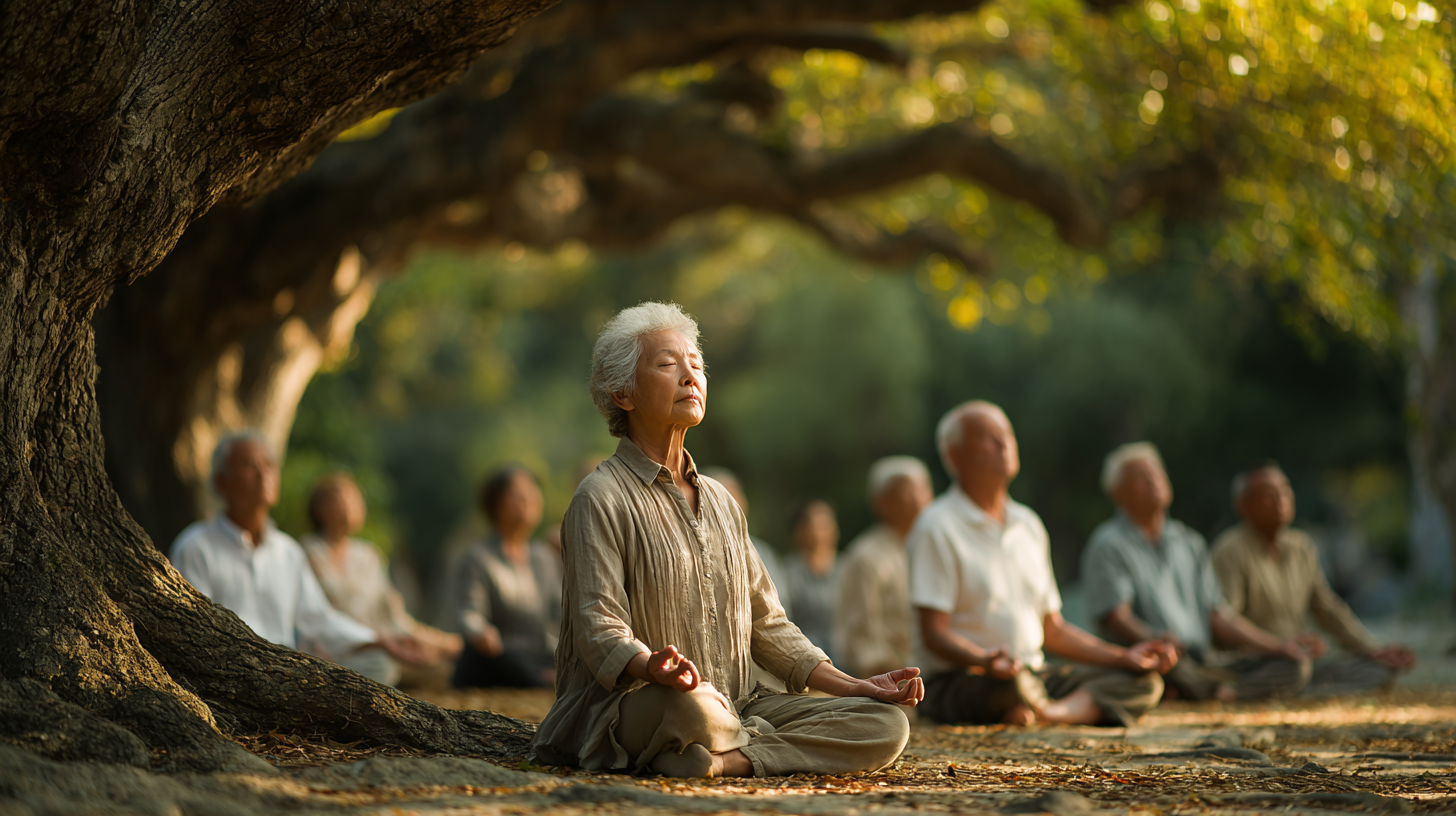 Група людей старшого віку практикує творчу йогу у світлій студії