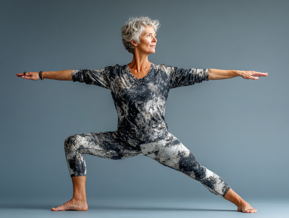 Людина старшого віку в творчій йога позі на природі